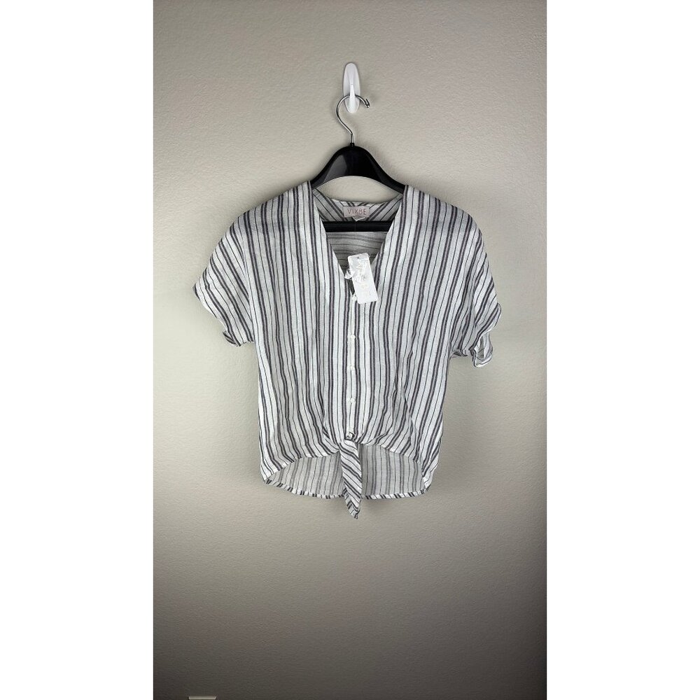Vixbe - Small - Knotted Front V-Neck Cropped Shirt, Gray/White Stripes